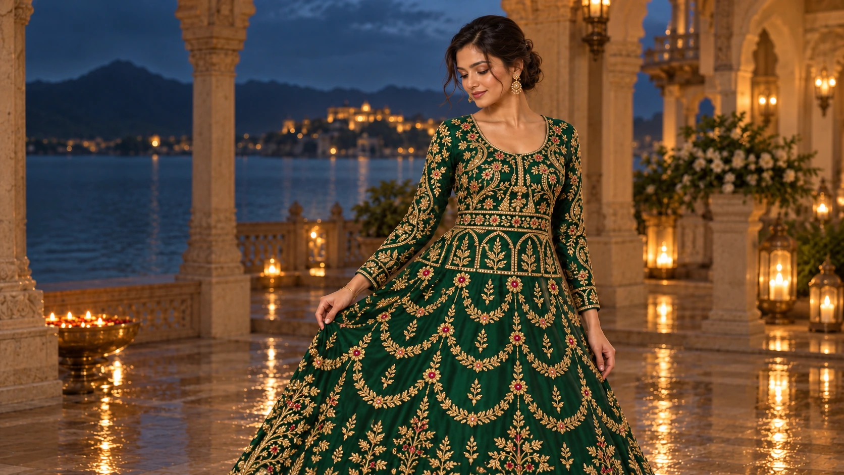 AI styling concept of an emerald anarkali on a model in a warmly lit stone arcade