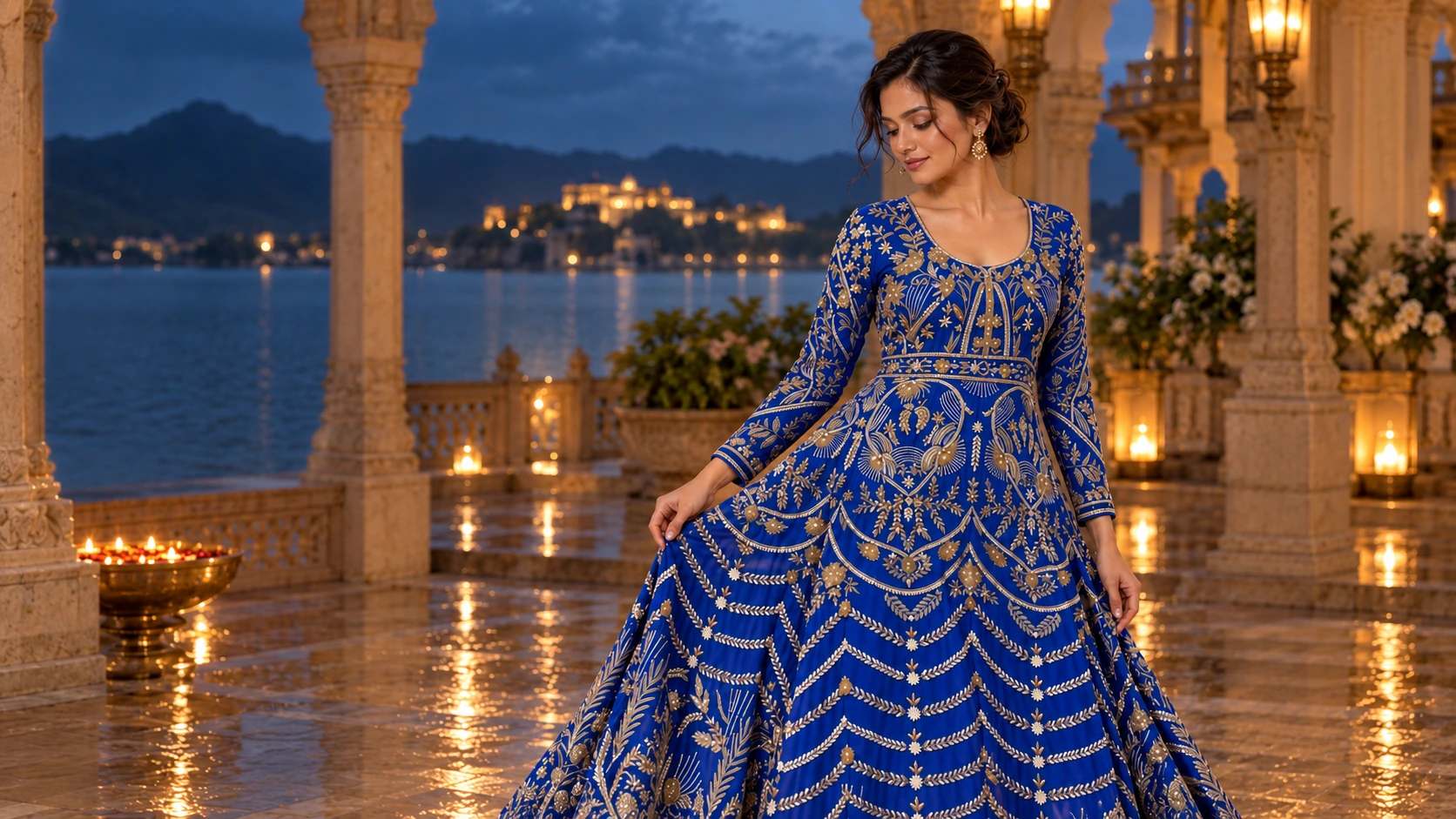 AI styling concept of the Royal Blue Anarkali on a model at a lakeside palace at dusk